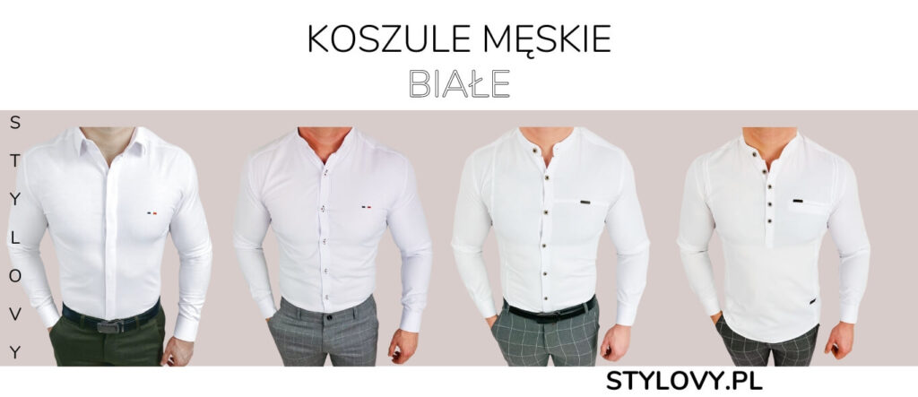 Białe koszule różne modele, przedstawione na osobie